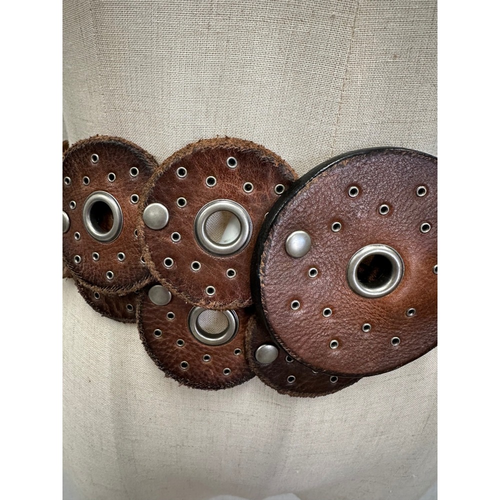 Western boho leather Disc Concho Belt‎ Brown silver grommets SML/MED adjustable - Picture 4 of 16
